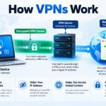 Infographic explaining how VPNs work by encrypting internet traffic, hiding the user's IP address, and routing data through a secure VPN server.