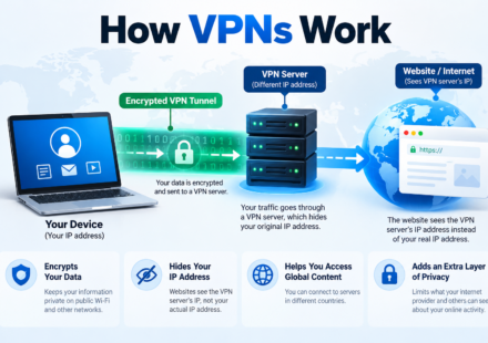 Infographic explaining how VPNs work by encrypting internet traffic, hiding the user's IP address, and routing data through a secure VPN server.