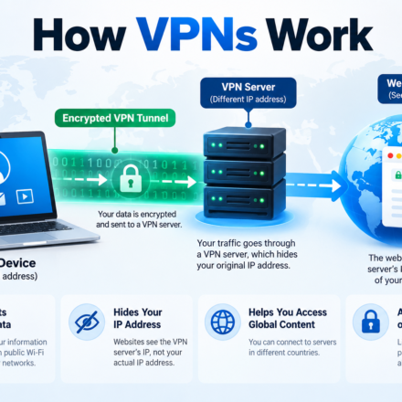 How VPNs Actually Work (And Why You Might Need One) Infographic explaining how VPNs work by encrypting internet traffic, hiding the user's IP address, and routing data through a secure VPN server.