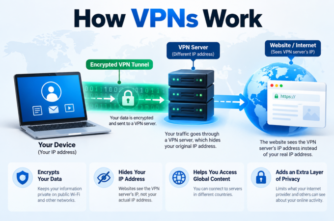Infographic explaining how VPNs work by encrypting internet traffic, hiding the user's IP address, and routing data through a secure VPN server.