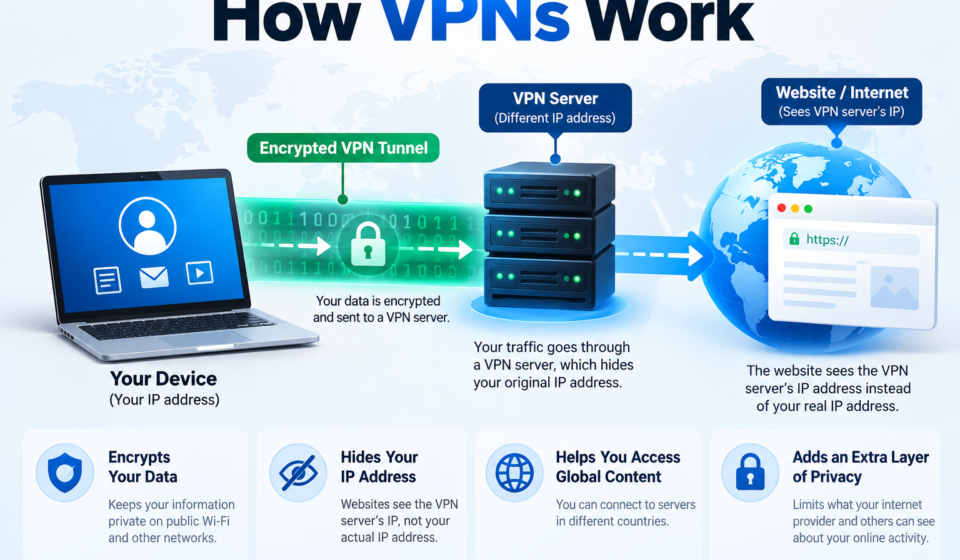 Infographic explaining how VPNs work by encrypting internet traffic, hiding the user's IP address, and routing data through a secure VPN server.